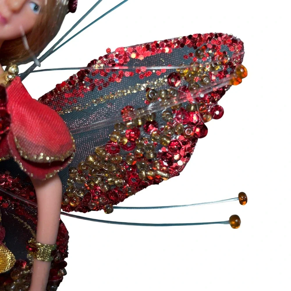 Fairy Pixie Doll Red Gold‎ Beaded Glitter Wings Hanging Christmas Ornament